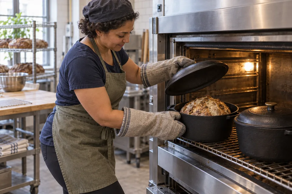 Using dry oven mitts, the baker lifts a lid to reveal a naturally split walnut-studded loaf, with a second covered pot nearby.
