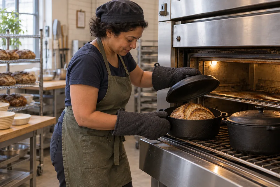 Using dry oven mitts, the baker lifts a lid to reveal a naturally split grain-rich whole-wheat loaf, with a second covered pot nearby.
