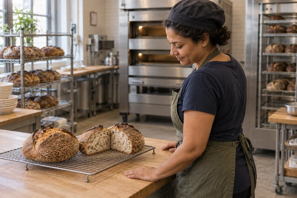 One whole bran-coated loaf and both halves of a second cool on a raised rack beside the baker.