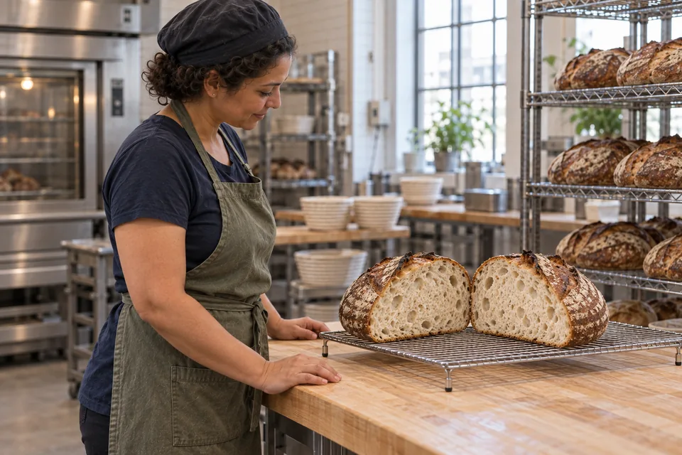 The cooled large loaf is cut into two matching halves to reveal the crumb.