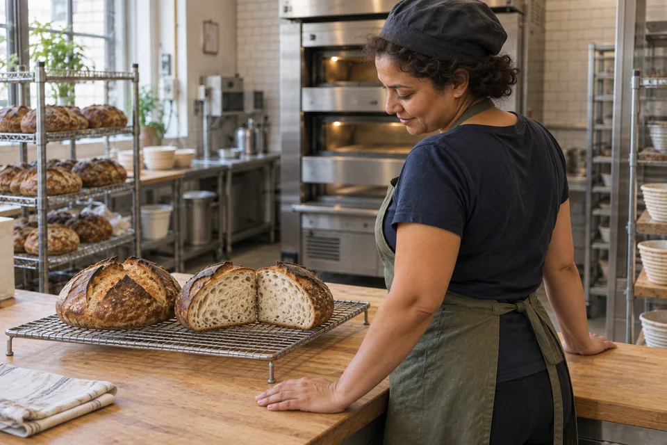 One whole pale wheat loaf and both halves of a second cool on a raised rack beside the baker.
