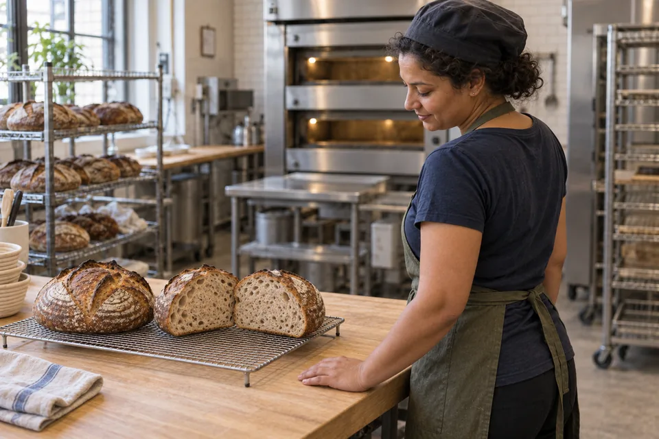 One whole finely flecked wheat and wholegrain loaf and both halves of a second cool on a raised rack beside the baker.