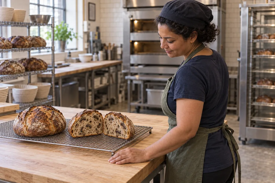 One whole mushroom-studded loaf and both halves of a second cool on a raised rack beside the baker.