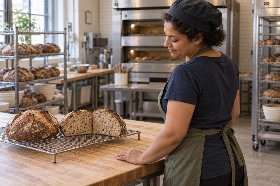 One whole grain-rich whole-wheat loaf and both halves of a second cool on a raised rack beside the baker.