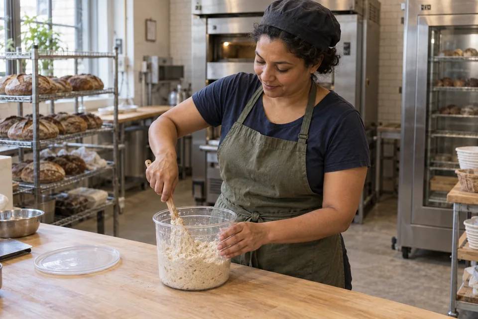 Baker stirs a thick, softly flecked levain in a clear container.