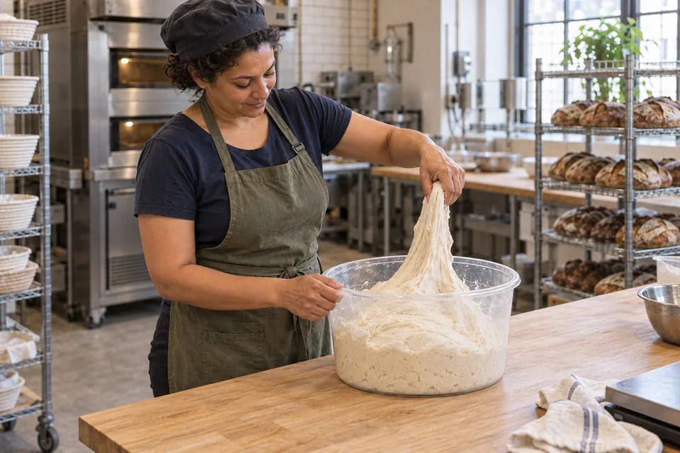 The baker lifts a short elastic flap of pale wheat dough, ready to fold it back across the mass.