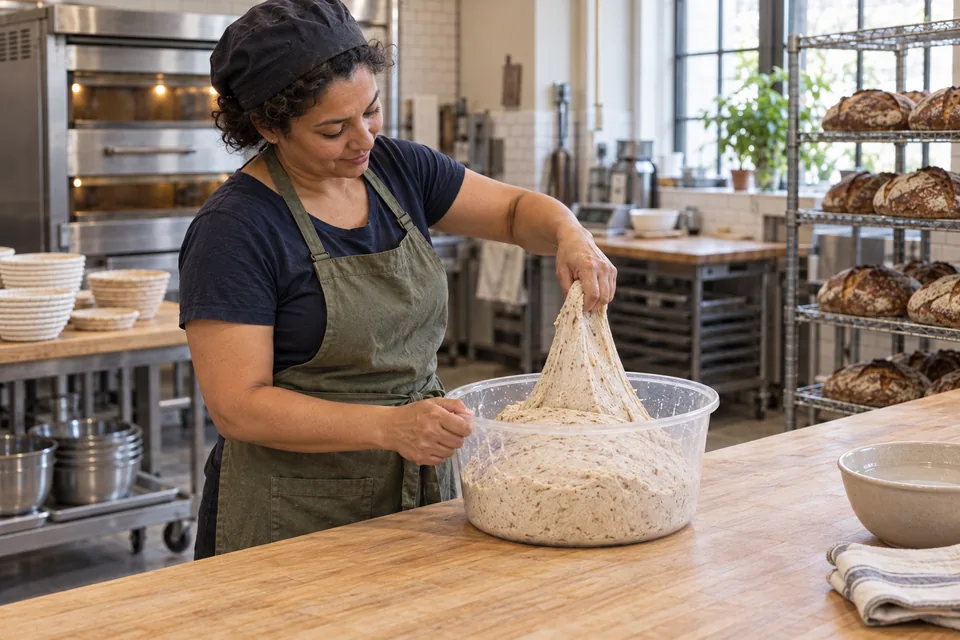 The baker lifts a short elastic flap of finely flecked wheat and wholegrain dough, ready to fold it back across the mass.