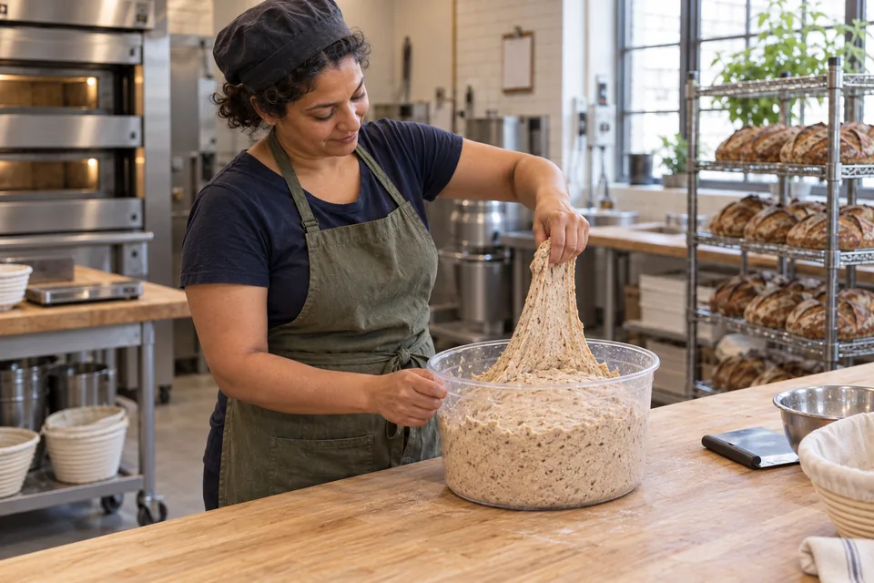 The baker lifts a short elastic flap of grain-rich whole-wheat dough, ready to fold it back across the mass.