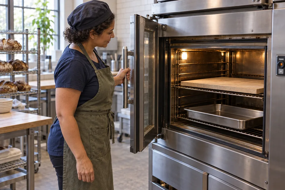 Baker checking a dry baking stone and separate lower steam tray before baking.