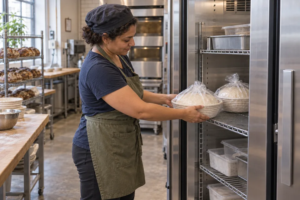 The baker places a pair of bag-covered pale wheat dough rounds in proofing baskets into the refrigerator.