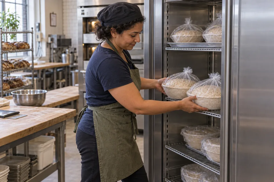 The baker places a pair of bag-covered finely flecked wheat and wholegrain dough rounds in proofing baskets into the refrigerator.