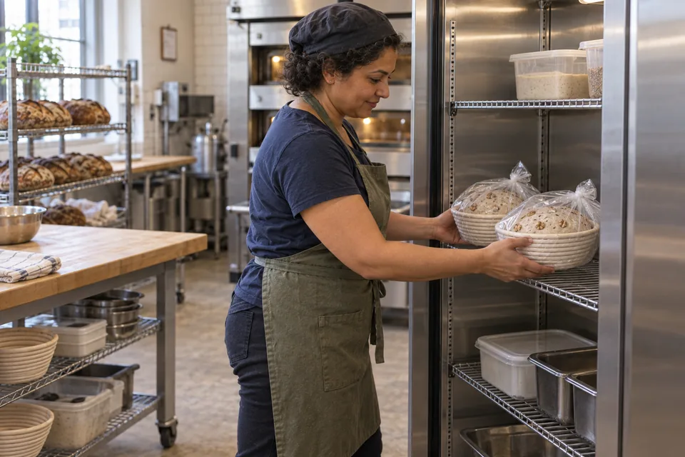 The baker places a pair of bag-covered walnut-studded dough rounds in proofing baskets into the refrigerator.