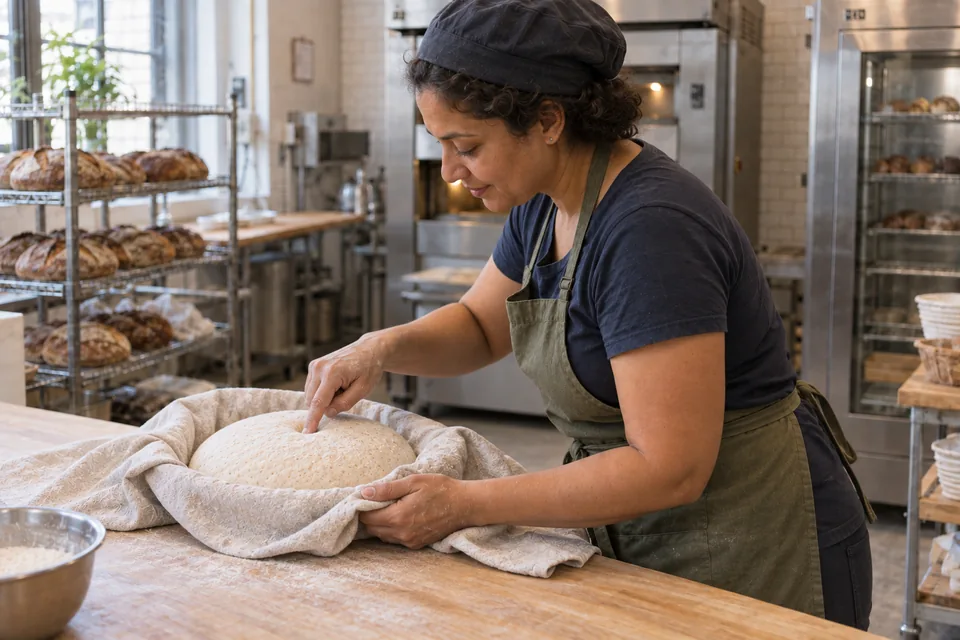 Baker checking the proof of one large round loaf resting in a floured cloth.