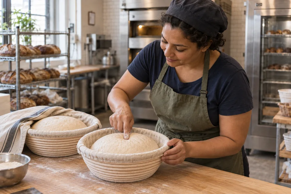 A floured fingertip gently checks one of two puffy pale wheat dough rounds in cloth-lined baskets.