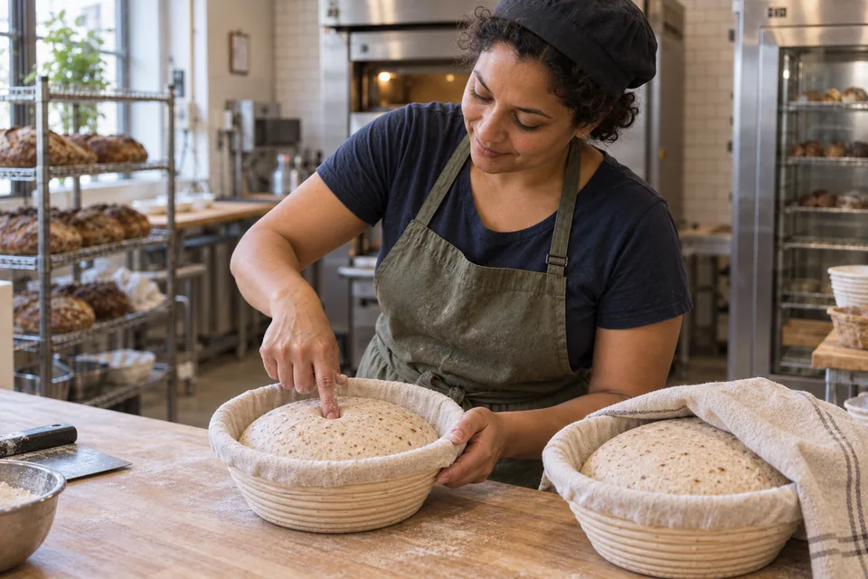 A floured fingertip gently checks one of two puffy finely flecked wheat and wholegrain dough rounds in cloth-lined baskets.