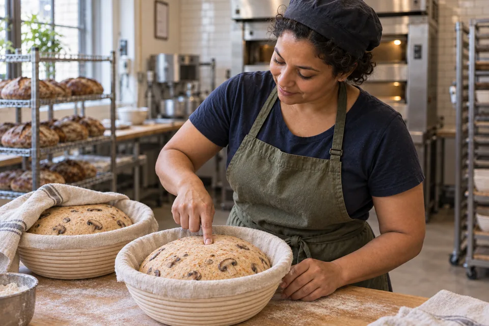 A floured fingertip gently checks one of two puffy mushroom-studded dough rounds in cloth-lined baskets.