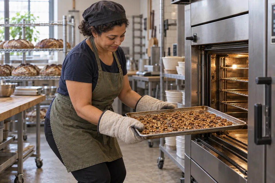 Walnut halves and pieces are roasted until browned, then left to cool.