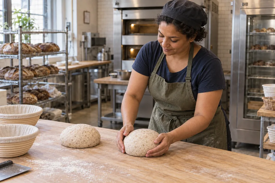 The baker cups one finely flecked wheat and wholegrain dough round with a second equally sized round beside it.