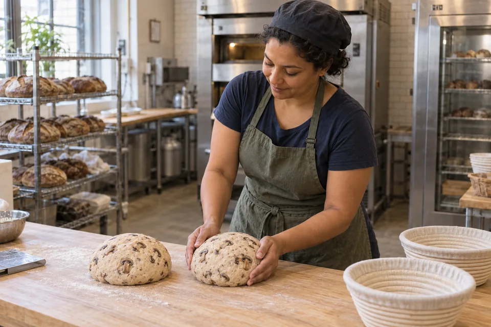 The baker cups one mushroom-studded dough round with a second equally sized round beside it.