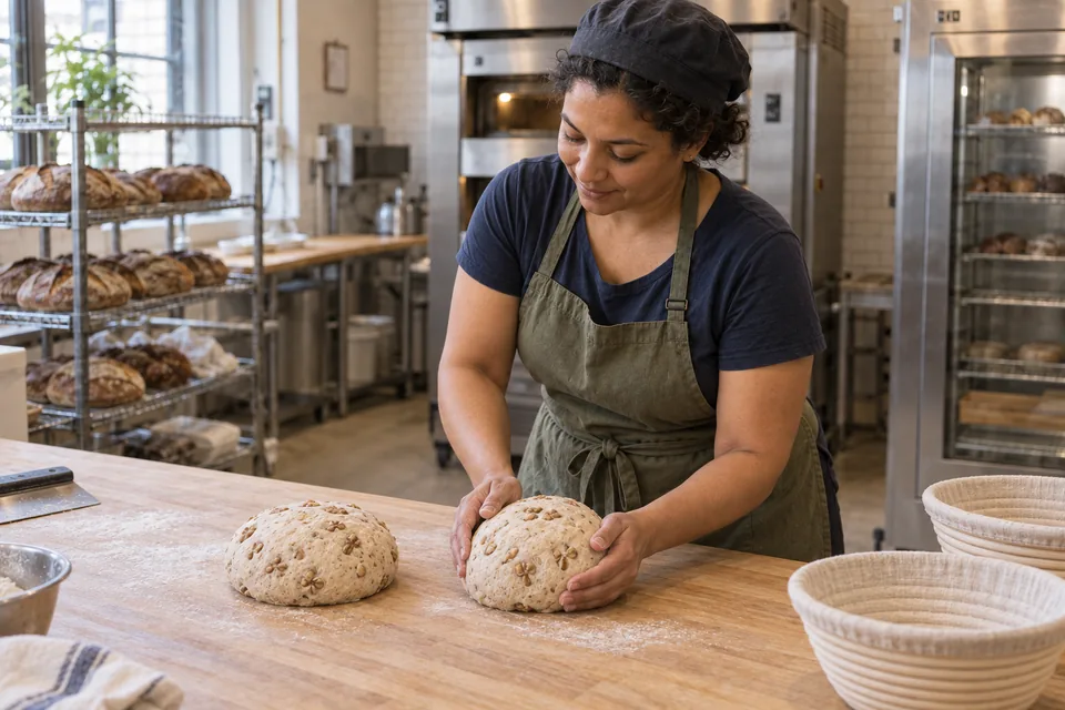 The baker cups one walnut-studded dough round with a second equally sized round beside it.