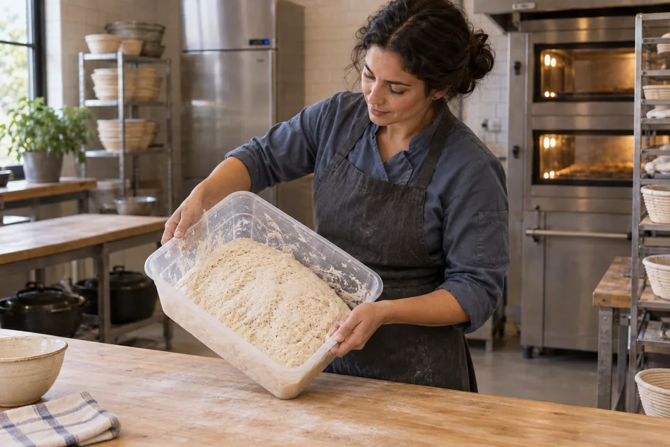 A baker tilts a clear tub containing a cohesive, aerated ivory biga with a domed porous surface.
