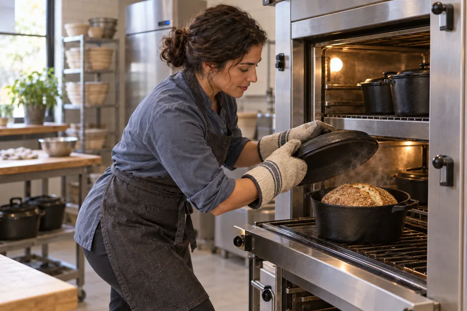 A baker bends toward the oven and lifts a pot lid with mitts, revealing a bran-coated round loaf.