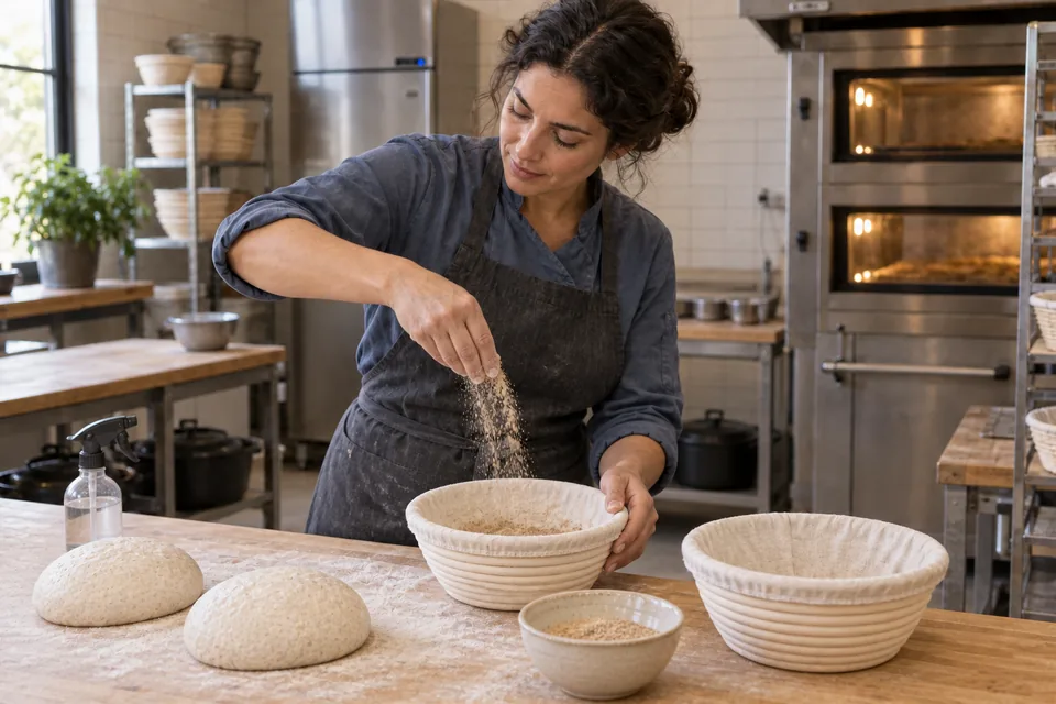 A baker scatters fine bran into an empty floured basket, with a second empty basket and two shaped rounds nearby.