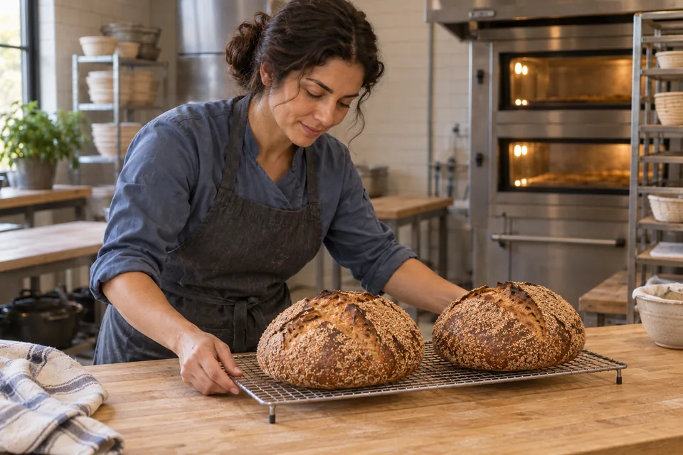 A baker sets down a cooling rack with two intact, deeply browned round loaves coated in fine toasted bran.