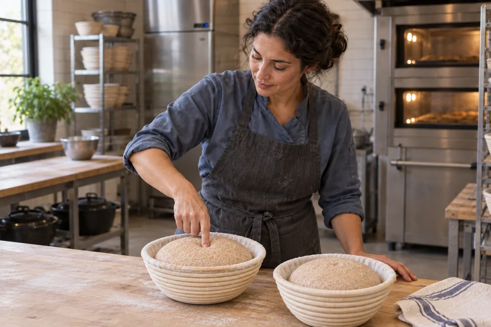 A baker checks one of two tan whole-wheat rounds in floured baskets with a fingertip.
