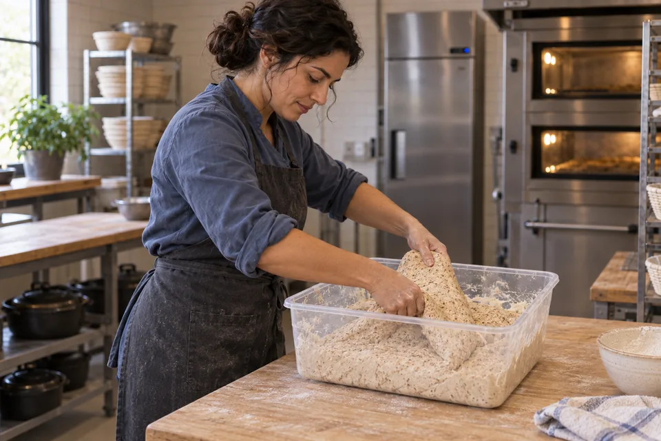 A baker standing side-on lifts a short, broad edge of whole-wheat dough inside a tub.