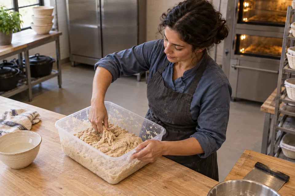 An elevated view of a baker pinching through tan, bran-rich dough in a clear tub.