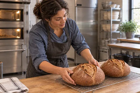 A baker arranges two intact, deep-brown whole-wheat loaves with plain crusts on a cooling rack.