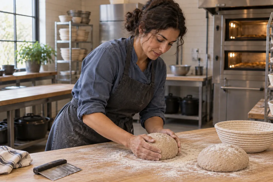 A baker cups one tan whole-wheat dough round with a second round waiting beside it.