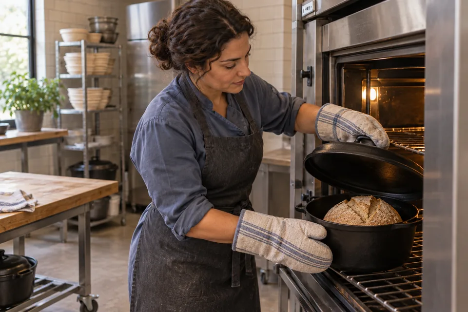 A baker lifts the black pot lid with mitts to reveal a naturally split whole-wheat loaf.