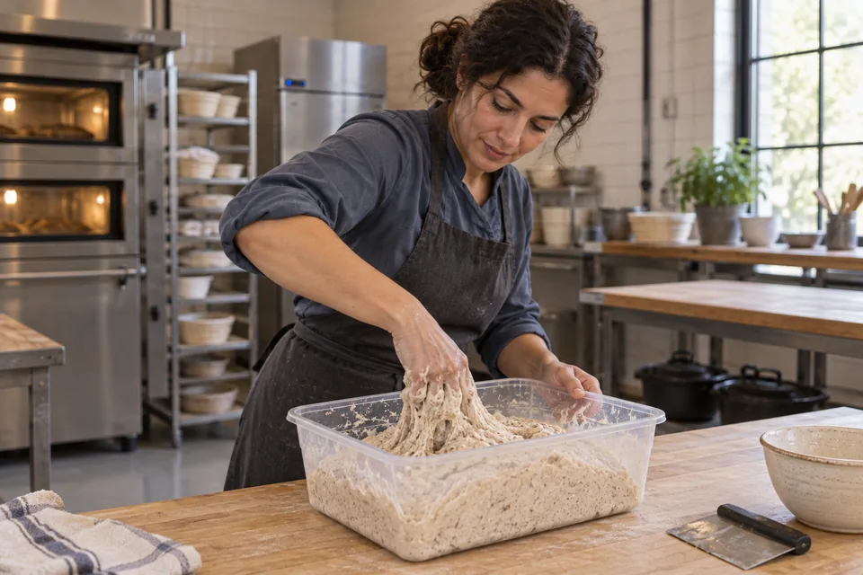 A baker combines rough light-beige, finely flecked flour-and-water dough in a clear tub.