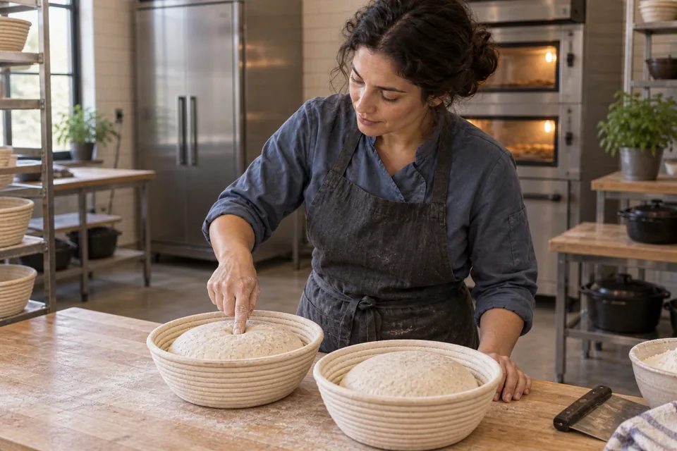 A baker presses a small dent into one of two light-beige mixed-grain rounds in baskets.