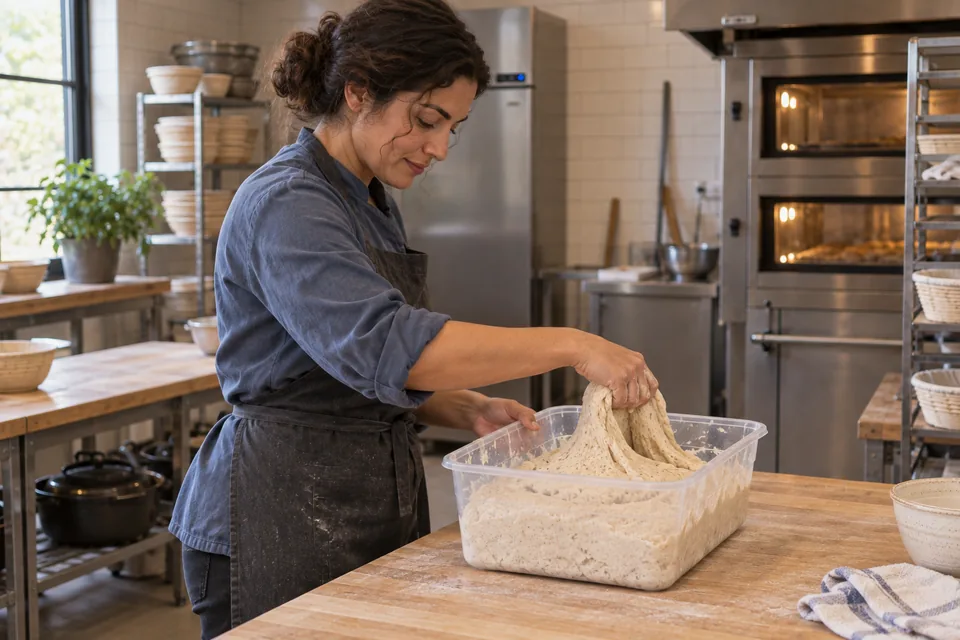 A side-on baker lifts a connected edge of light-beige flecked dough in a tub.