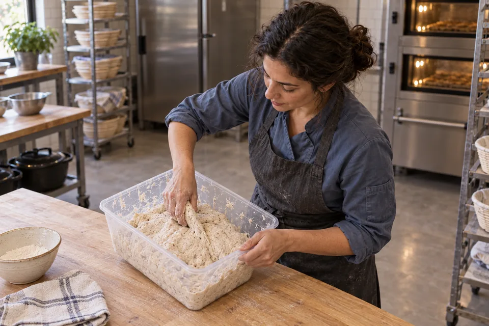 Viewed from above, a baker pinches through uniform light-beige dough with fine wholegrain flecks.