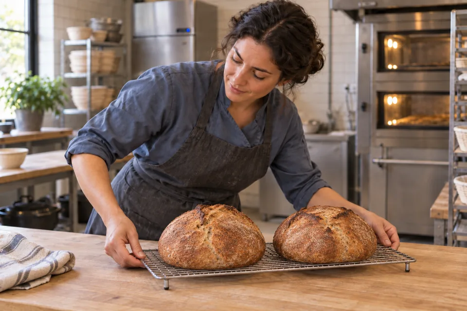 A baker positions two intact mixed-grain round loaves with plain, naturally split crusts on a wire rack.