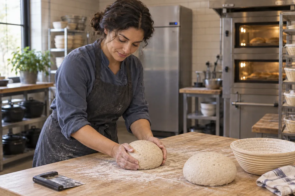 A baker shapes one light-beige, finely flecked dough round with a second round beside it.