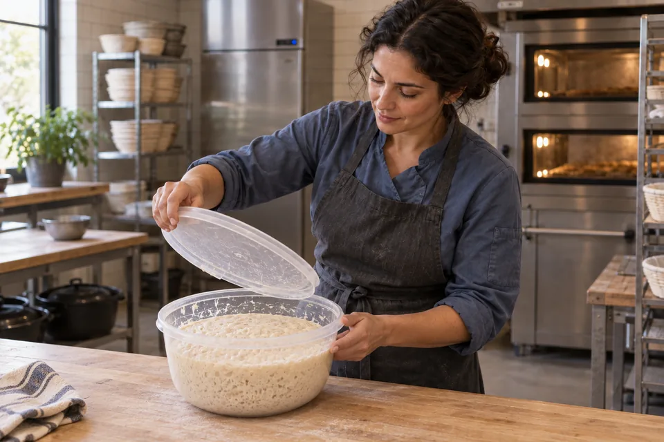 A baker lifts the lid from a round clear bowl of bubbly, batter-like mature poolish.