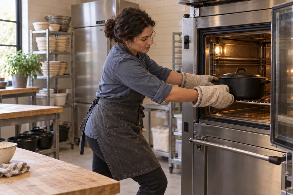 A baker in a staggered stance uses oven mitts to position one covered Dutch oven on the oven rack.