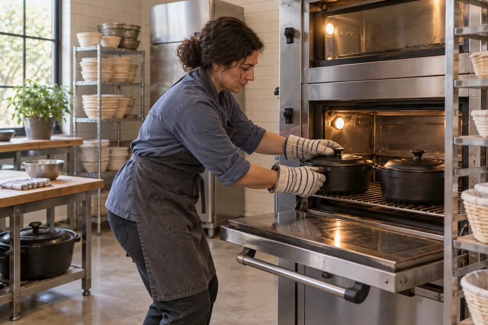 A baker wearing oven mitts positions two lidded black Dutch ovens on an oven rack.