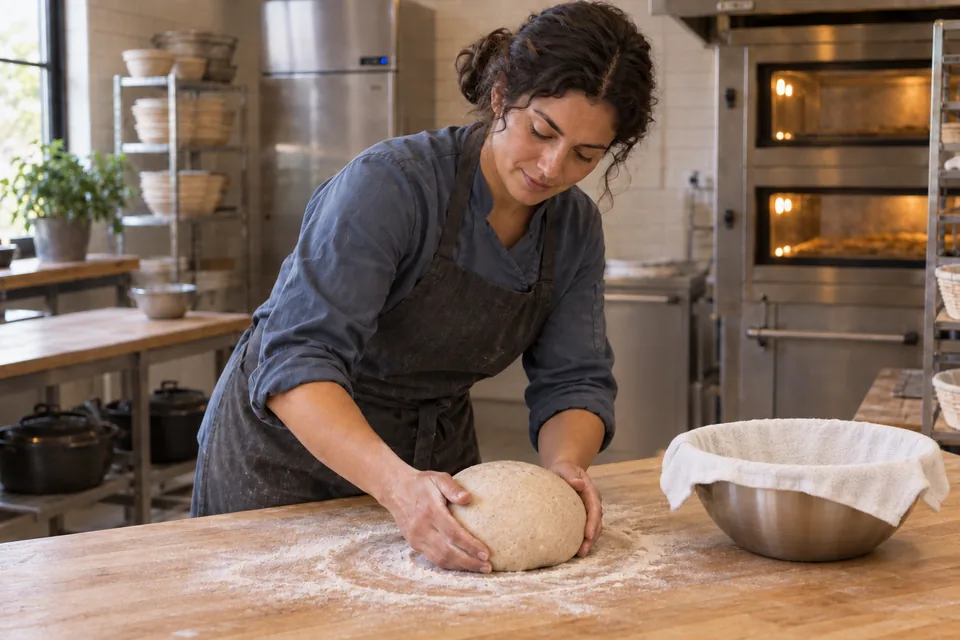 A baker cups one large flecked dough round beside an empty metal bowl lined with a white towel.