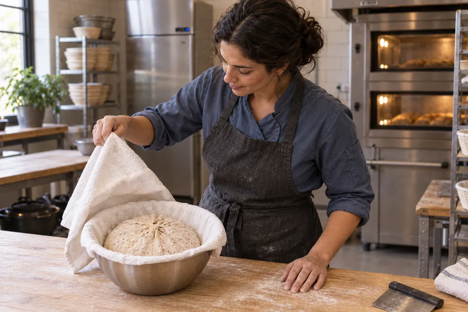 A baker lifts a white towel from a metal bowl containing one risen dough round with its gathered seam facing up.