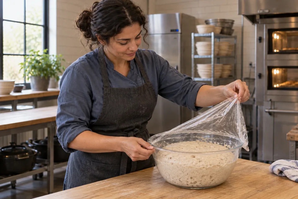 A baker lifts the cover from an expanded, bubbly light-beige dough in a clear round bowl.