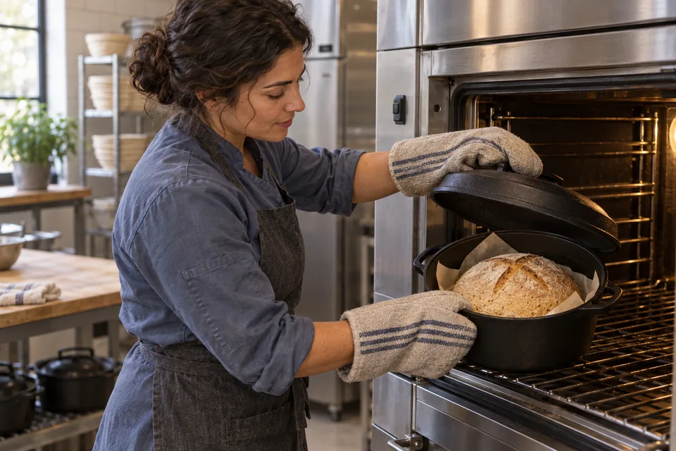 A baker lifts the lid from one Dutch oven containing a cross-scored loaf on parchment.