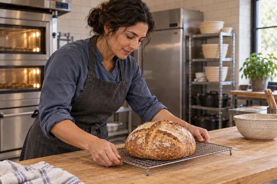A baker arranges one intact golden-brown round loaf with a cross score on a wire rack.