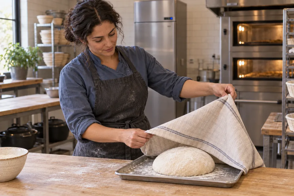 A baker lifts a cloth from one expanded, unscored white dough round on a metal tray.