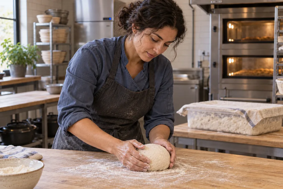 A baker cups one small round dough portion on a floured bench, with the covered bulk container behind.